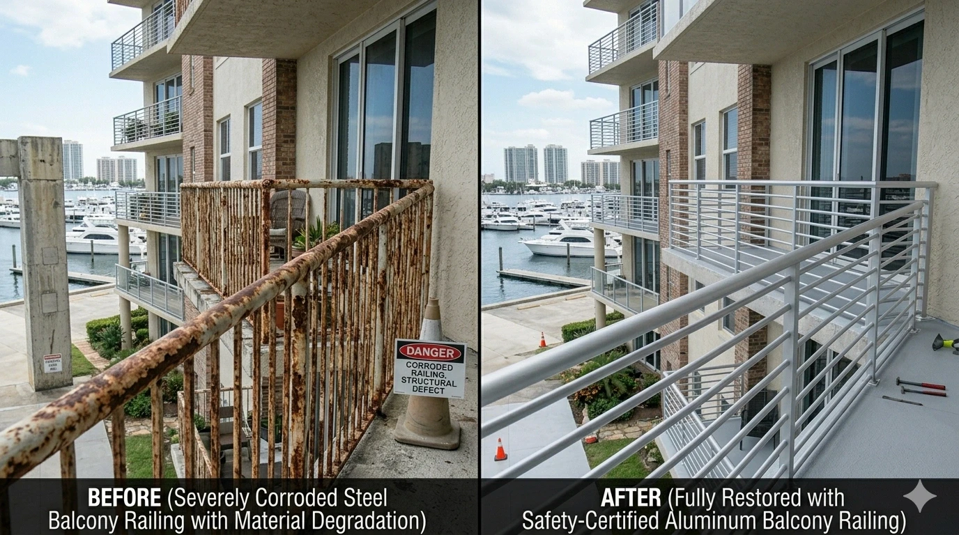 Balcony railing post concrete spalling repair and embedment restoration