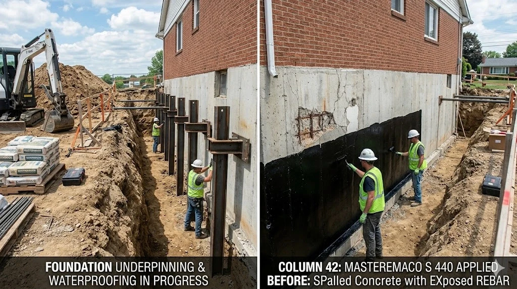 Below-grade foundation wall waterproofing membrane installation
