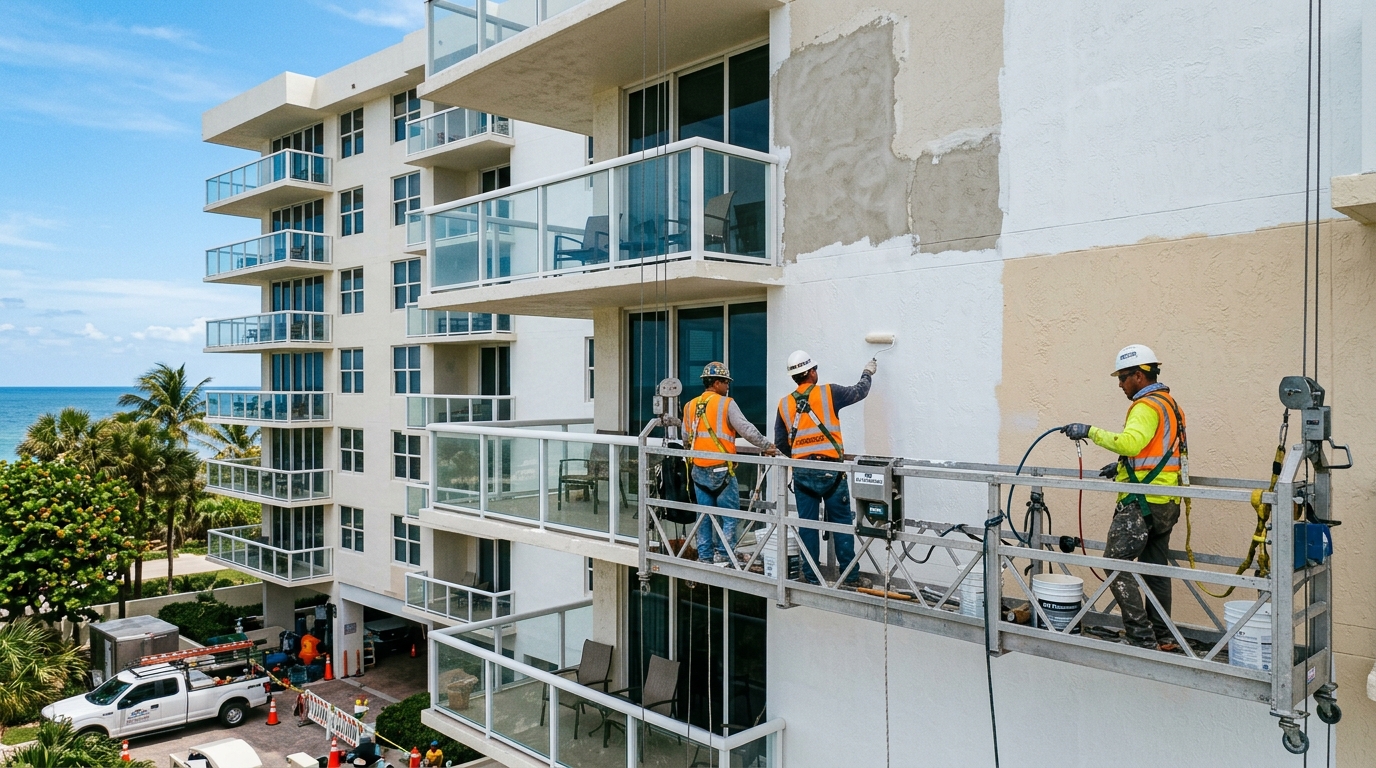 Commercial condominium exterior after stucco restoration and elastomeric coating application in Fort Lauderdale