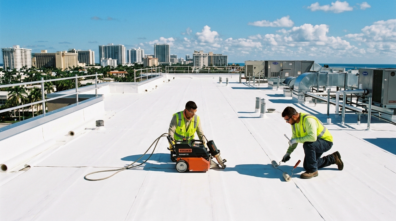 Commercial flat roof TPO membrane heat welding in South Florida by certified Planet Construction roofing team