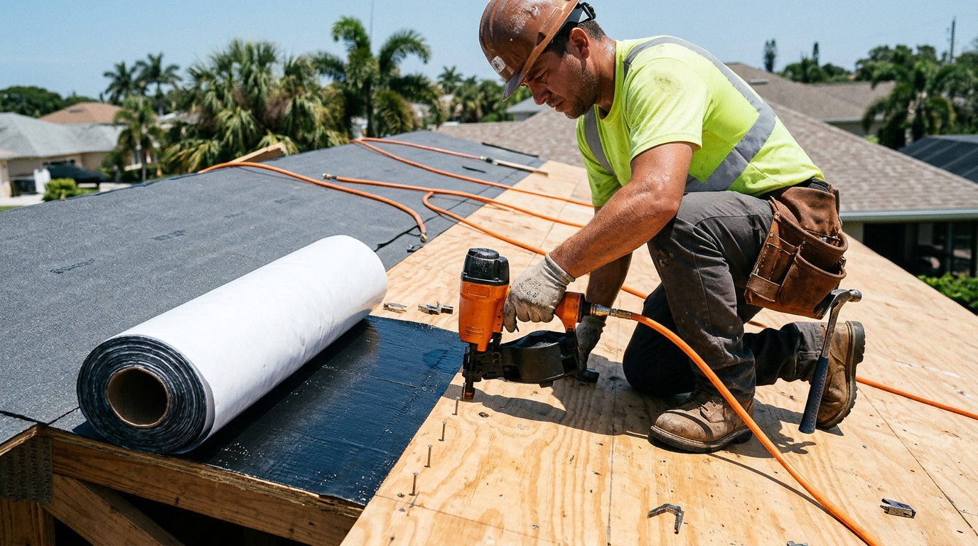 Planet Construction roofing crew installing secondary water barrier self-adhering underlayment and deck re-nailing in South Florida